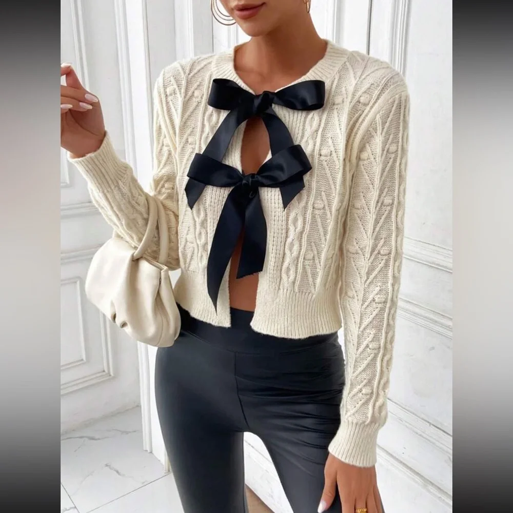 Cream black satin Bowtie Knit Tie Front Cardigan two tone sweater - Picture 2 of 4